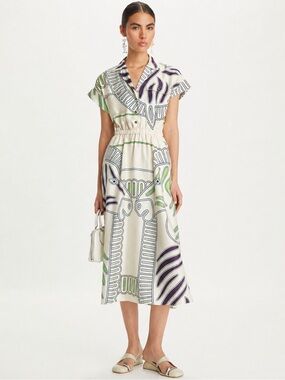 Tory Burch Printed Silk Twill Shirtdress Ivory Zebra Motif Midi Dress Sz 8